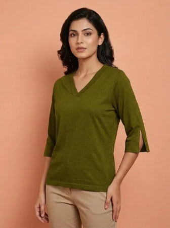 T Shirt Twist V Neck Elbow Slit Sleeve Olive