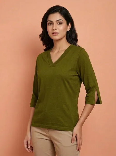 T Shirt Twist V Neck Elbow Slit Sleeve Olive