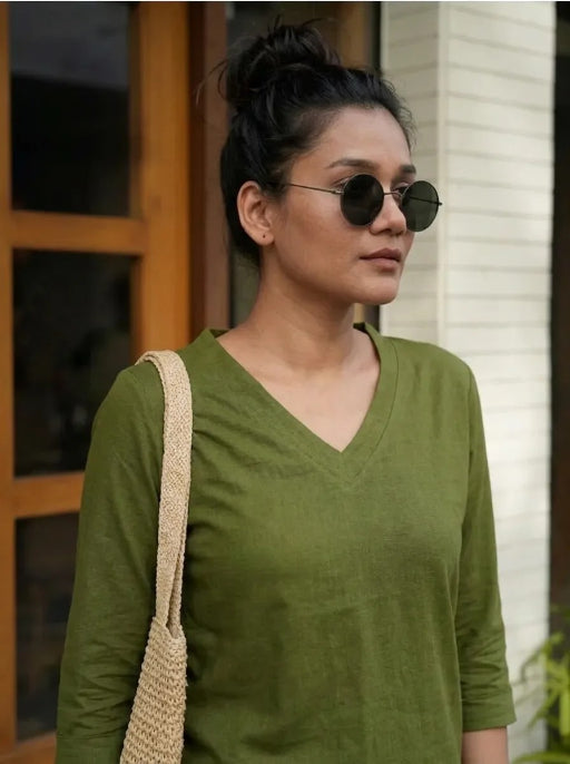 T- Shirt V  Neck Elbow  Sleeve Olive