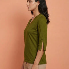 T Shirt Twist V Neck Elbow Slit Sleeve Olive