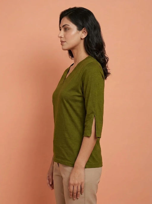 T Shirt Twist V Neck Elbow Slit Sleeve Olive
