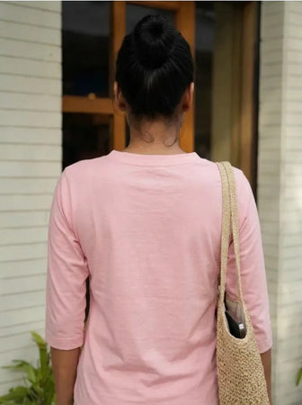 T- Shirt V  Neck Elbow  Sleeve  Pink