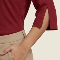 T Shirt Twist V Neck Elbow Slit Sleeve Burgungy