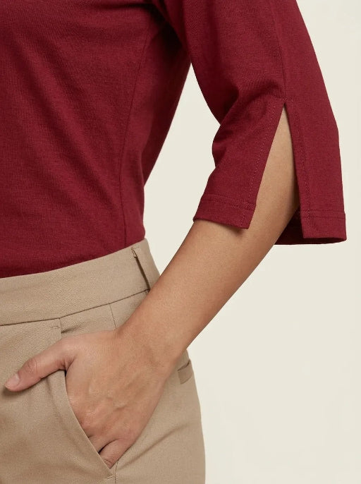 T Shirt Twist V Neck Elbow Slit Sleeve Burgungy