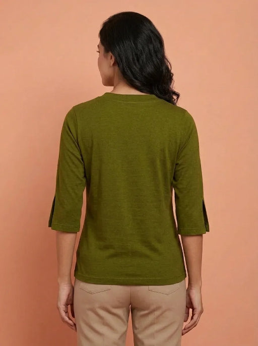 T Shirt Twist V Neck Elbow Slit Sleeve Olive