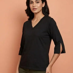 T Shirt Twist V Neck Elbow Slit Sleeve Black