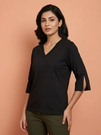 T Shirt Twist V Neck Elbow Slit Sleeve Black