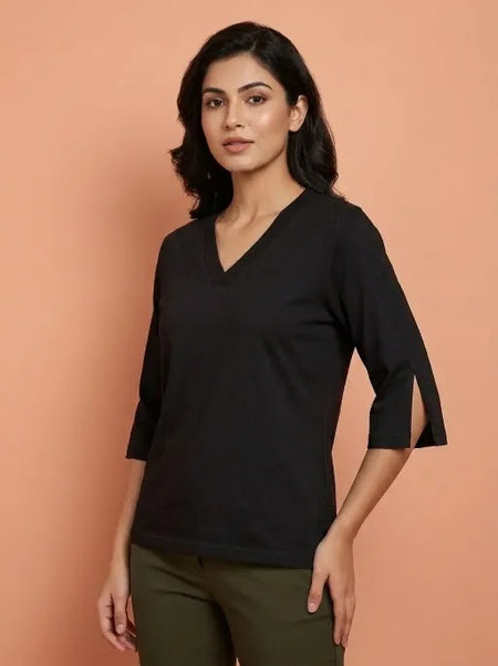 T Shirt Twist V Neck Elbow Slit Sleeve Black