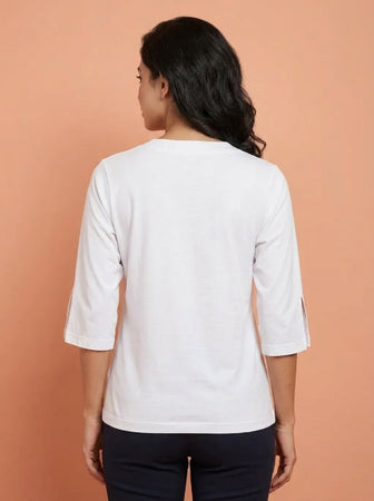 T Shirt Twist V Neck Elbow Slit Sleeve White