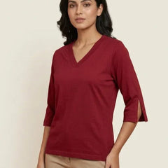 T Shirt Twist V Neck Elbow Slit Sleeve Burgungy