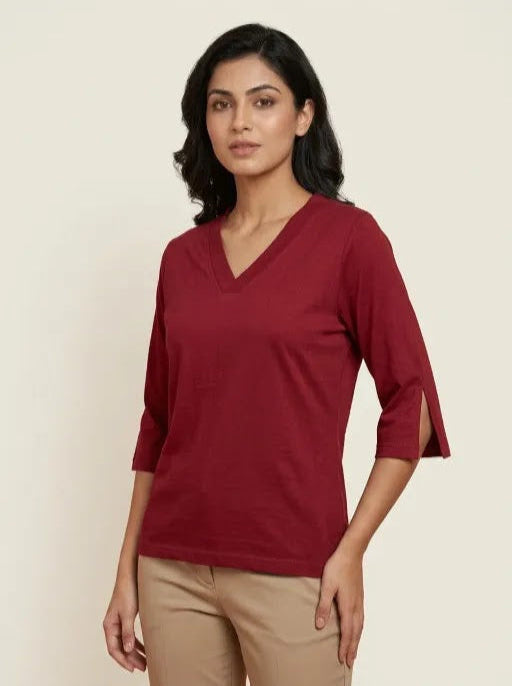 T Shirt Twist V Neck Elbow Slit Sleeve Burgungy