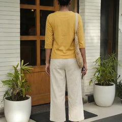T Shirt Twist V Neck Elbow Slit Sleeve Beige