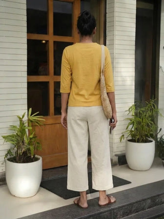 T Shirt Twist V Neck Elbow Slit Sleeve Beige
