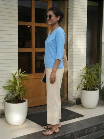 T Shirt Twist V Neck Elbow Slit Sleeve Aqua