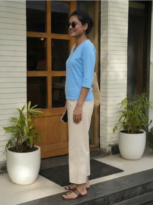 T Shirt Twist V Neck Elbow Slit Sleeve Aqua