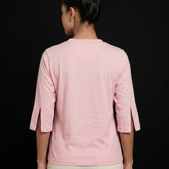 T Shirt Twist V Neck Elbow Slit Sleeve Pink