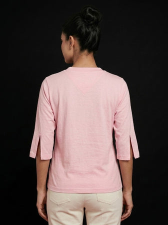T Shirt Twist V Neck Elbow Slit Sleeve Pink