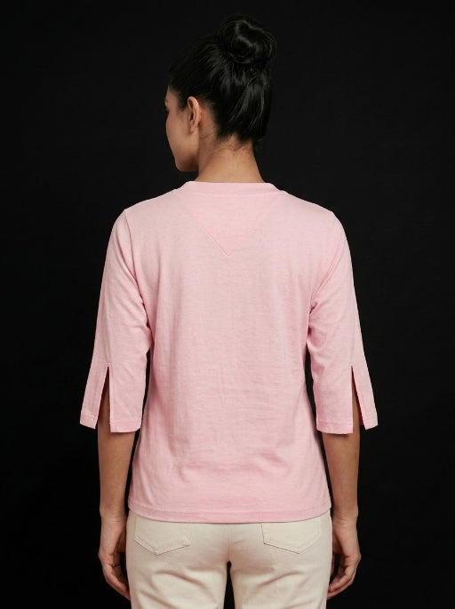 T Shirt Twist V Neck Elbow Slit Sleeve Pink